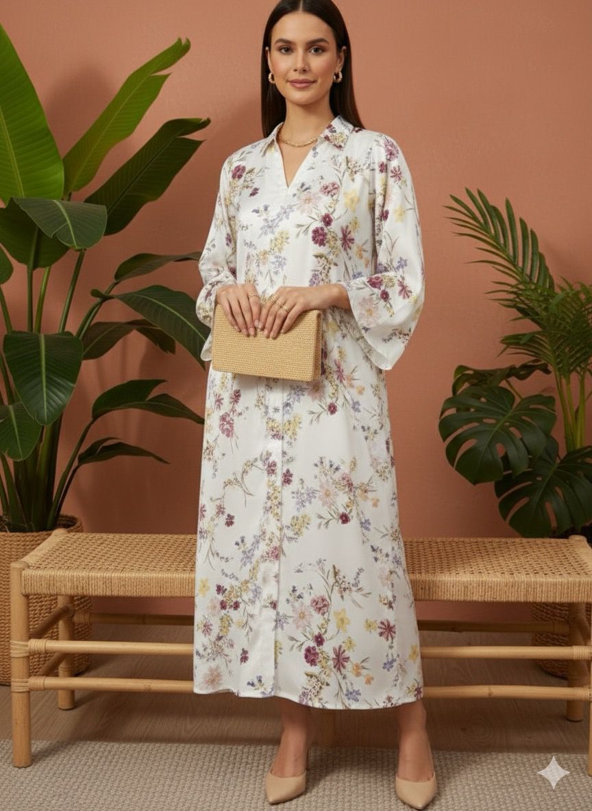 Floral Satin Silk Fabric 1 Piece - Stitched - Image 5