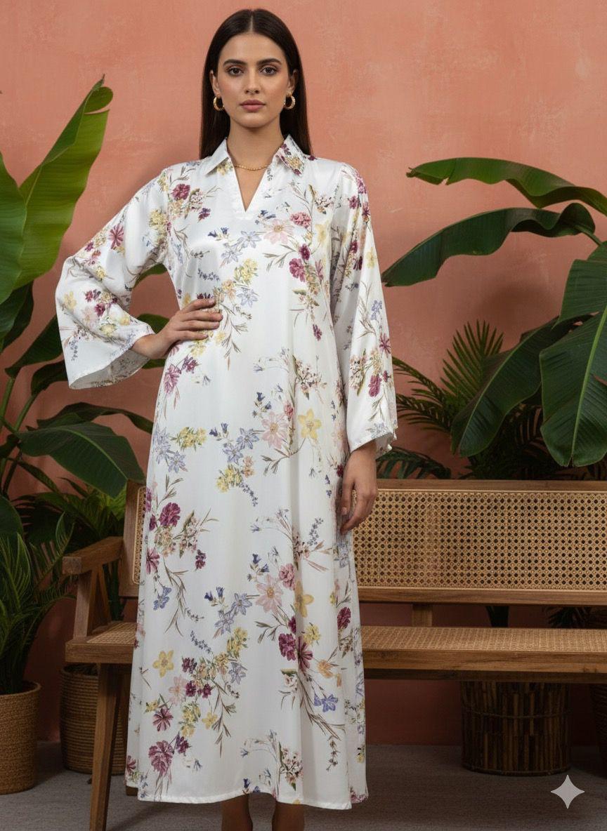 Floral Satin Silk Fabric 1 Piece - Stitched