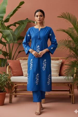 Deep Royal Blue (kurta and straight pants with modern Applique work) Stitched