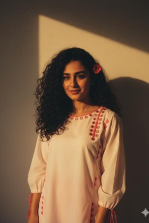 Blush Elegance – Soft Pink Mirror Embroidered Kurti