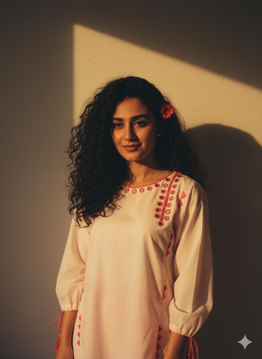 Blush Elegance – Soft Pink Mirror Embroidered Kurti