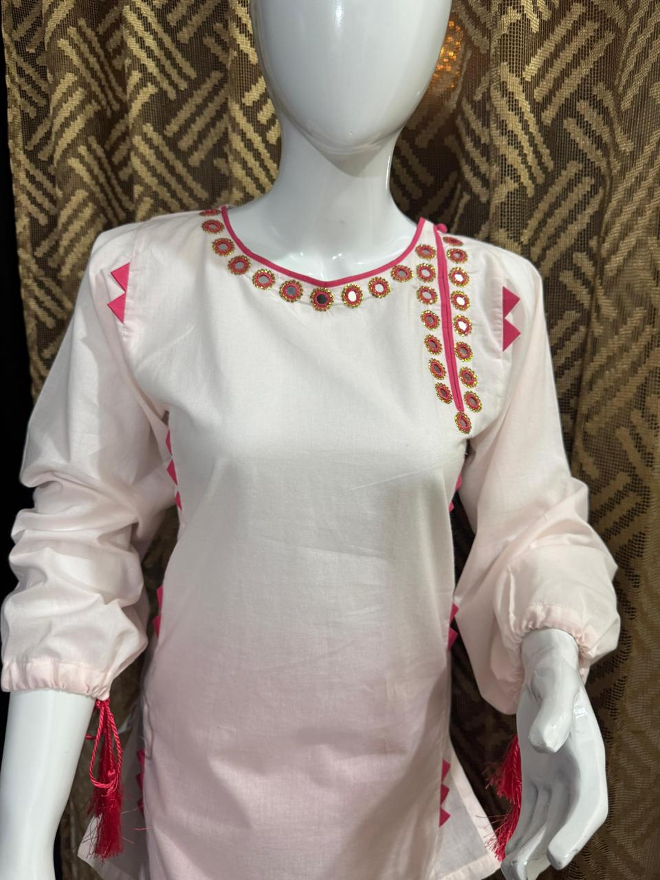 Blush Elegance – Soft Pink Mirror Embroidered Kurti - Image 3