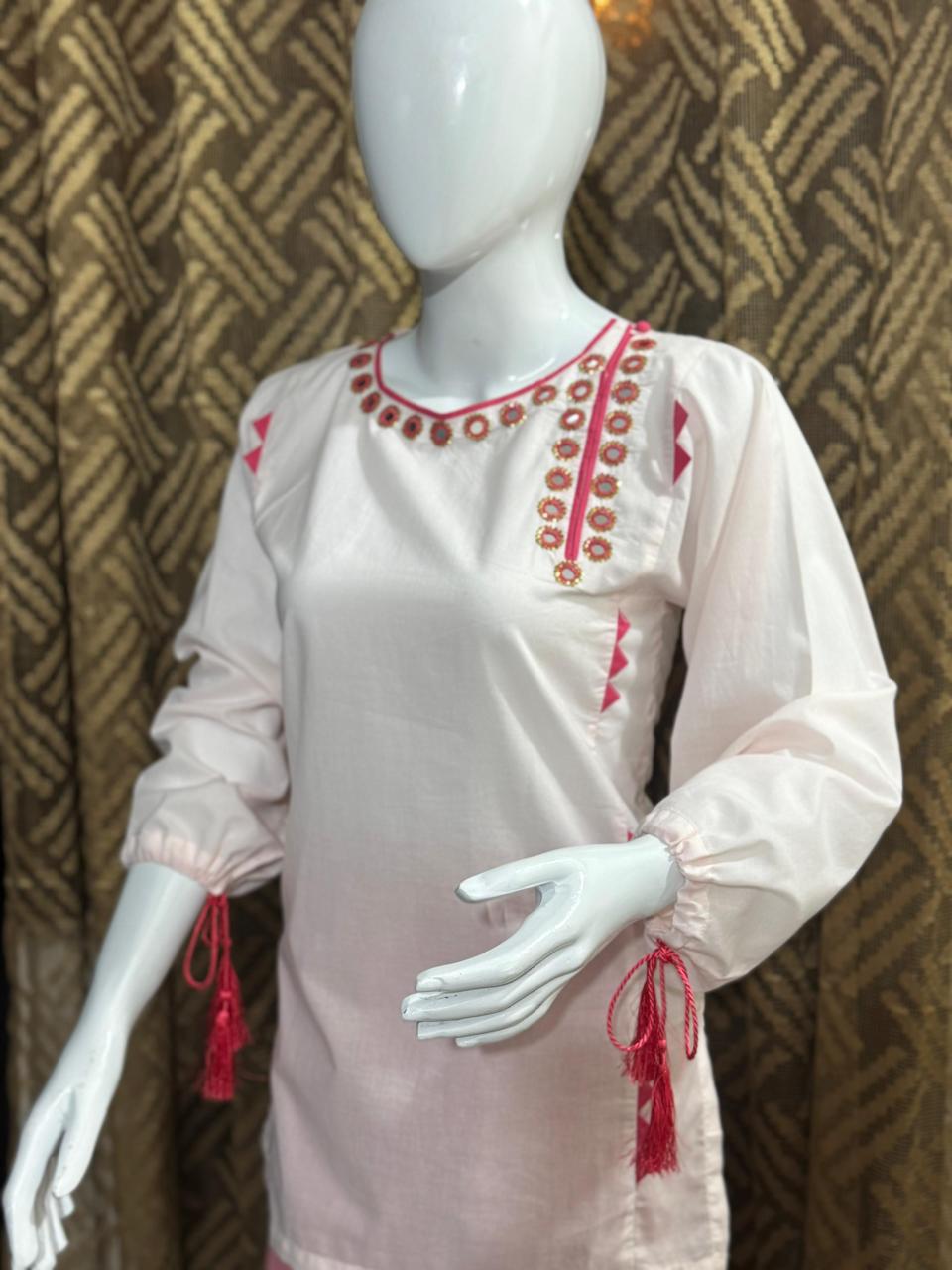 Blush Elegance – Soft Pink Mirror Embroidered Kurti - Image 2